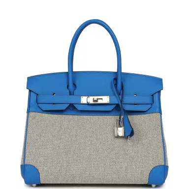 HERMÈS Hermes Birkin 30 Ecru-Black Toile H Canvas and Bleu Hydra Swift Palladium Hardware | Thumbnail 1