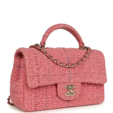 Chanel Pre-owned Chanel Mini Classic Rectangular Top Handle Flap Bag Pink Tweed Light Gold Hardware | Thumbnail 2