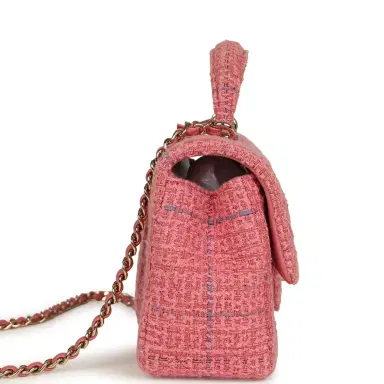 Chanel Pre-owned Chanel Mini Classic Rectangular Top Handle Flap Bag Pink Tweed Light Gold Hardware | Thumbnail 3