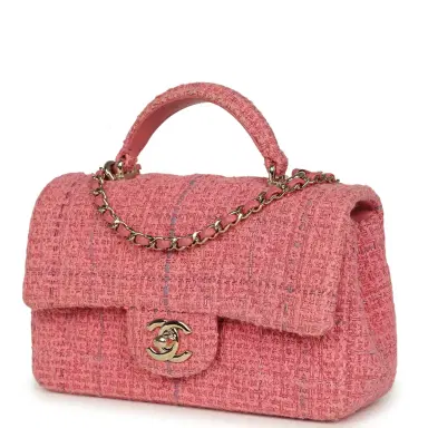 Chanel Pre-owned Chanel Mini Classic Rectangular Top Handle Flap Bag Pink Tweed Light Gold Hardware | Thumbnail 5