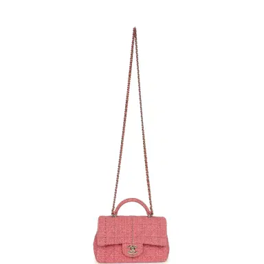 Chanel Pre-owned Chanel Mini Classic Rectangular Top Handle Flap Bag Pink Tweed Light Gold Hardware | Thumbnail 7
