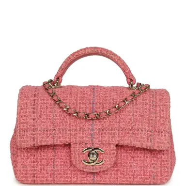 Chanel Pre-owned Chanel Mini Classic Rectangular Top Handle Flap Bag Pink Tweed Light Gold Hardware | Thumbnail 1