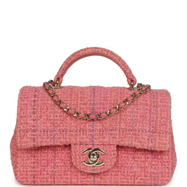 Chanel Pre-owned Chanel Mini Classic Rectangular Top Handle Flap Bag Pink Tweed Light Gold Hardware