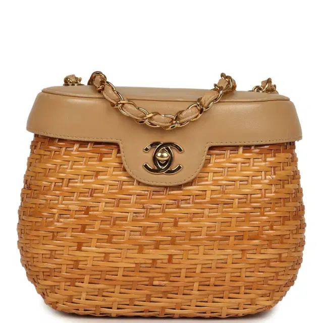 Vintage Chanel Basket Bag Beige Lambskin and Rattan Wicker Gold Hardware Vintage Chanel Basket Bag Beige Lambskin and Rattan Wicker Gold Hardware