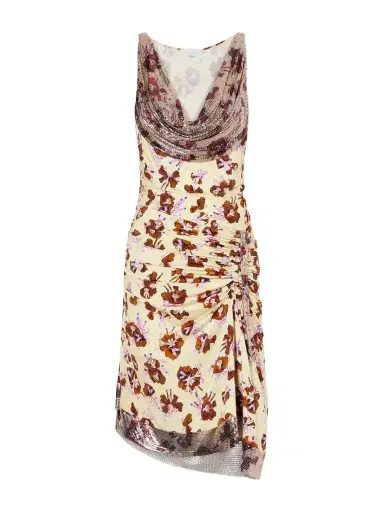 Rabanne Chainmail-embellished Ruched Floral-print Satin Mini Dress | Thumbnail 1 Rabanne Chainmail-embellished Ruched Floral-print Satin Mini Dress | Thumbnail 1