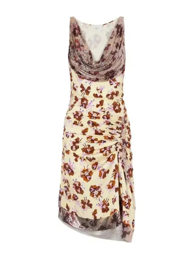 Chainmail-embellished Ruched Floral-print Satin Mini Dress