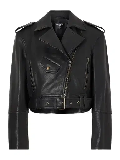 Balmain Cropped Belted Leather Biker Jacket | Thumbnail 1 Balmain Cropped Belted Leather Biker Jacket | Thumbnail 1