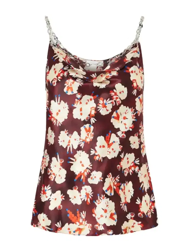 Chainmail-embellished Floral-print Silk Tank
