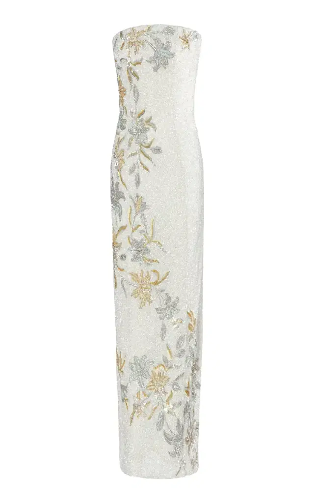 La Fuori Golden Flora Dreamscape Embellished Tulle Maxi Dress