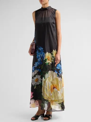 Elie Tahari Women's July The Christina Floral Sheer-Overlay Maxi Dress - Moon Flower Print | Thumbnail 4 Elie Tahari Women's July The Christina Floral Sheer-Overlay Maxi Dress - Moon Flower Print | Thumbnail 4