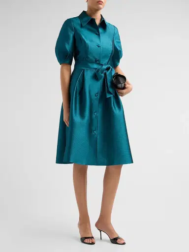 Teri Jon by Rickie Freeman Women's Tie-Waist Faille Knee-Length Shirtdress | Thumbnail 4 Teri Jon by Rickie Freeman Women's Tie-Waist Faille Knee-Length Shirtdress | Thumbnail 4