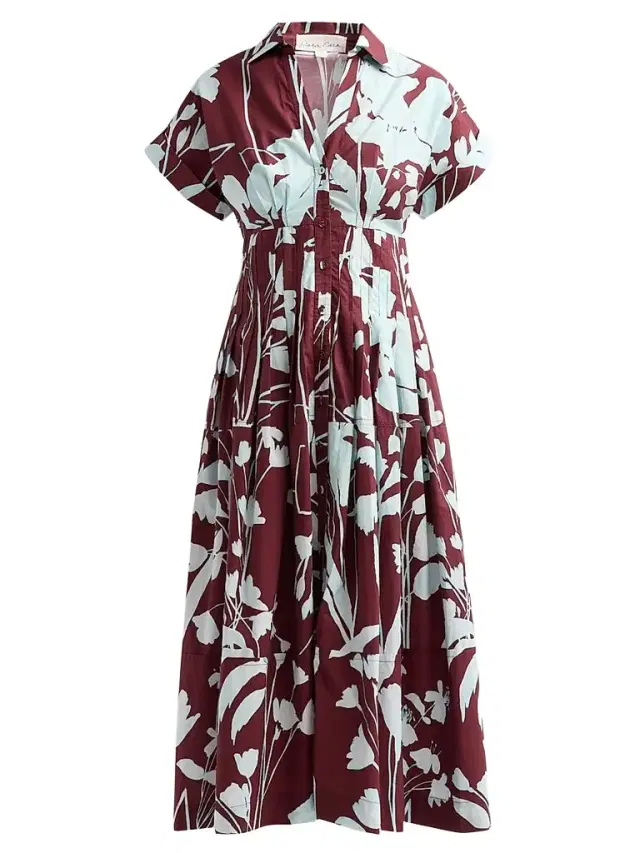 Cara Cara Women's Nash Printed Cotton Poplin Midi Shirtdress - Botanic Maroon