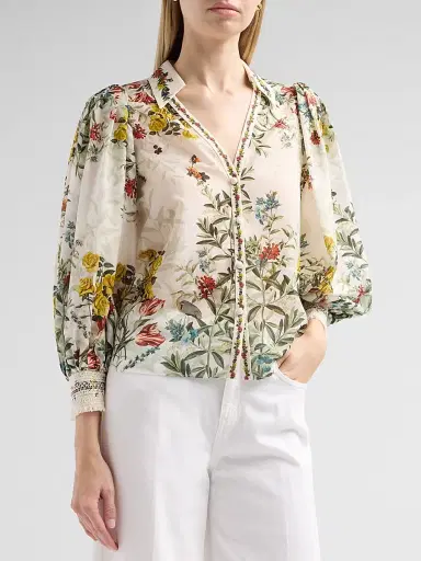 Alice + Olivia Women's Charis Printed Cotton-Silk Blouse - Desert Sprigs Vanilla - Size XL | Thumbnail 4 Alice + Olivia Women's Charis Printed Cotton-Silk Blouse - Desert Sprigs Vanilla - Size XL | Thumbnail 4