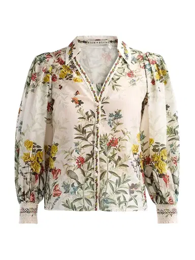 Alice + Olivia Women's Charis Printed Cotton-Silk Blouse - Desert Sprigs Vanilla - Size XL | Thumbnail 1 Alice + Olivia Women's Charis Printed Cotton-Silk Blouse - Desert Sprigs Vanilla - Size XL | Thumbnail 1