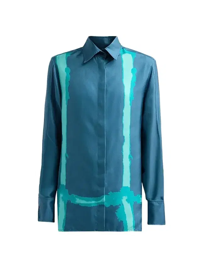 Women's Abstract-Print Silk Button-Down Blouse - Petroleum Green