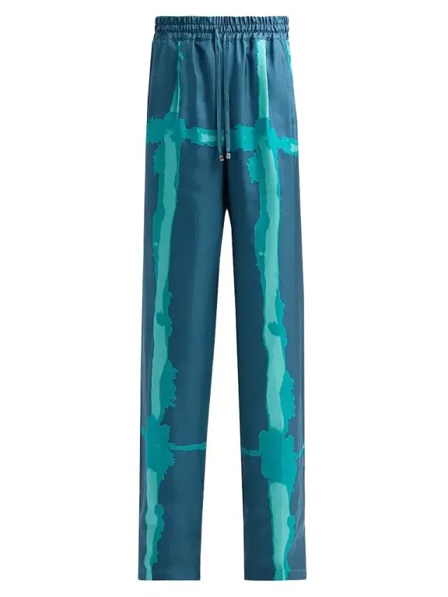 Women's Abstract-Print Silk Drawstring Pants - Petroleum Green