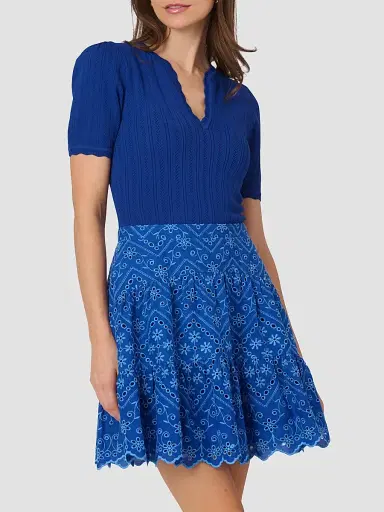 Shoshanna Women's Fallon Eyelet Mixed-Media Mini Dress - Blue Marina | Thumbnail 2 Shoshanna Women's Fallon Eyelet Mixed-Media Mini Dress - Blue Marina | Thumbnail 2
