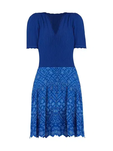 Shoshanna Women's Fallon Eyelet Mixed-Media Mini Dress - Blue Marina | Thumbnail 1 Shoshanna Women's Fallon Eyelet Mixed-Media Mini Dress - Blue Marina | Thumbnail 1