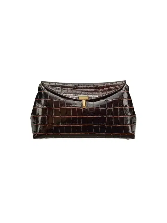 Women's T-Lock Crocodile-Embossed Leather Clutch - Dark Brown