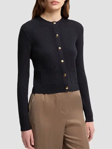 Moncler Women's Cardigan in Wool Blend with Logo in Leather - Dark Blue - Size XL | Thumbnail 2
