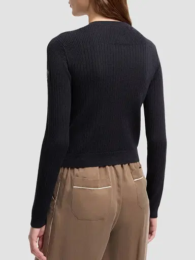 Moncler Women's Cardigan in Wool Blend with Logo in Leather - Dark Blue - Size XL | Thumbnail 3