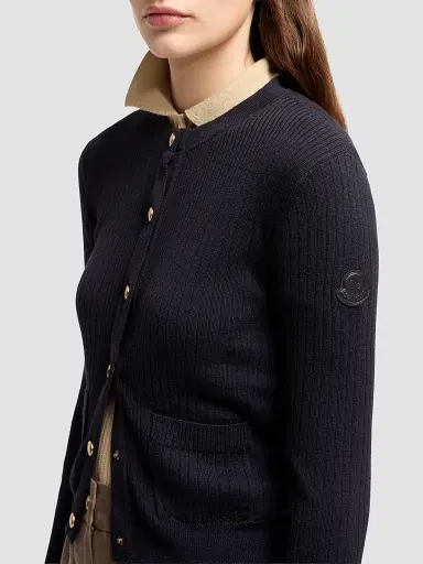 Moncler Women's Cardigan in Wool Blend with Logo in Leather - Dark Blue - Size XL | Thumbnail 4