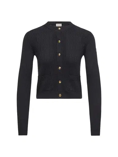 Moncler Women's Cardigan in Wool Blend with Logo in Leather - Dark Blue - Size XL | Thumbnail 1