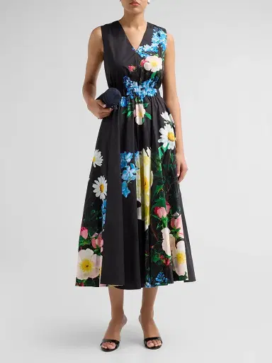 Elie Tahari Women's July The Athena Floral Pleated Midi Dress - Moon Flower Print | Thumbnail 2