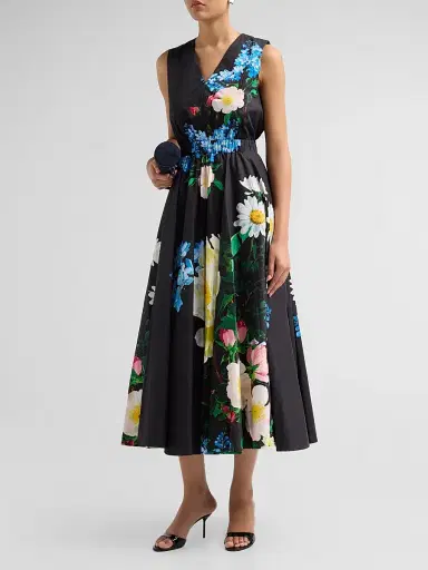 Elie Tahari Women's July The Athena Floral Pleated Midi Dress - Moon Flower Print | Thumbnail 4