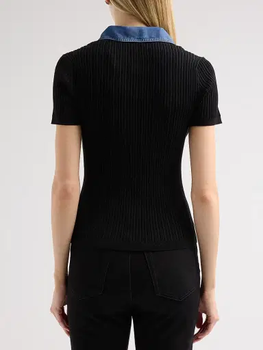 Elie Tahari Women's July Remington Denim Collar Short-Sleeve Sweater - Noir Denim | Thumbnail 3