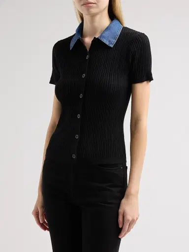 Elie Tahari Women's July Remington Denim Collar Short-Sleeve Sweater - Noir Denim | Thumbnail 4