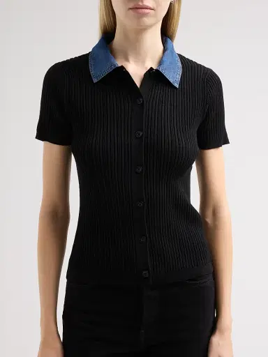 Elie Tahari Women's July Remington Denim Collar Short-Sleeve Sweater - Noir Denim | Thumbnail 5