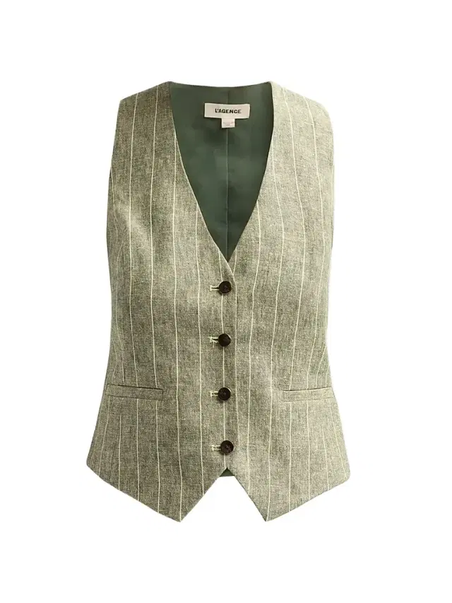 L'AGENCE Women's Drina Pinstripe Linen-Blend Vest - Olive Green Pinstripe