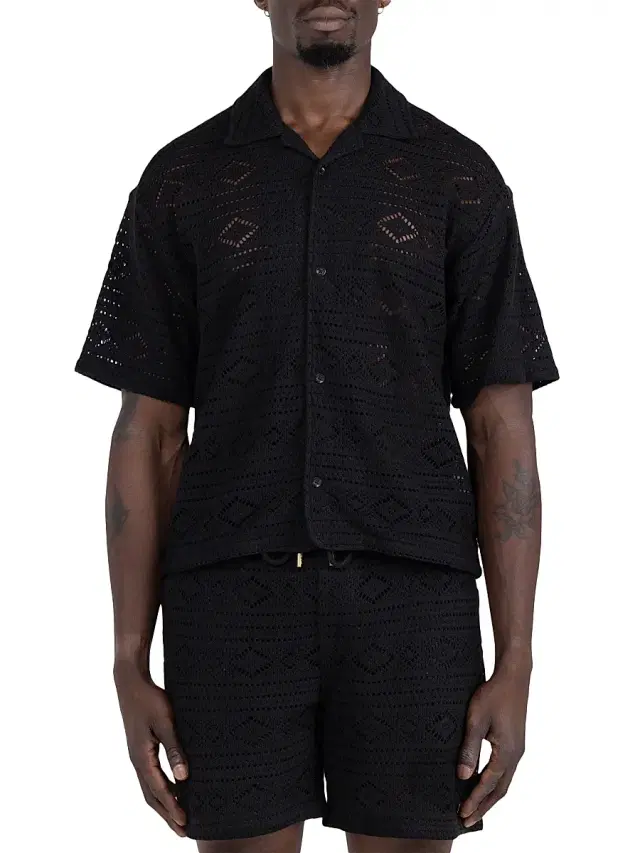 Men's Pointelle Crochet Camp Shirt - Black