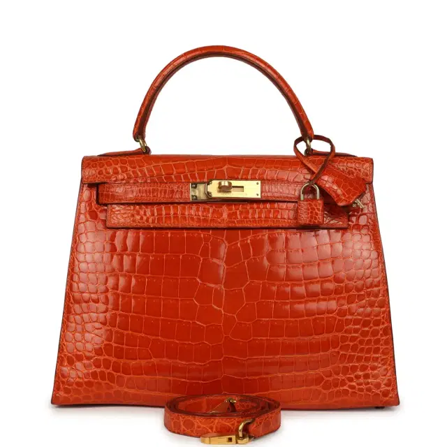 hermes Vintage Hermes Kelly Sellier 28 Orange Shiny Porous Crocodile Gold Hardware