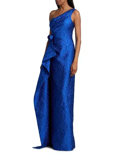 Teri Jon by Rickie Freeman Women's 3D Floral Tonal Jacquard One-Shoulder Gown | Thumbnail 4