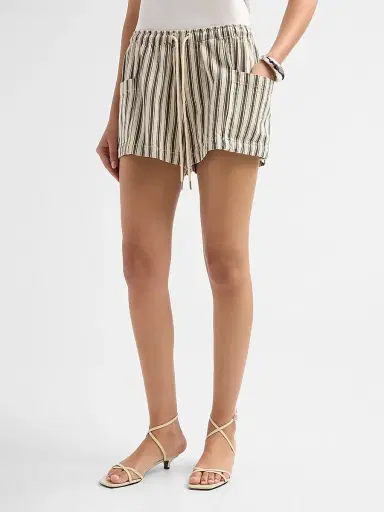 rag & bone Women's Emery Striped Cotton-Linen Drawstring Shorts - Forest Green Stripe - Size Large | Thumbnail 4