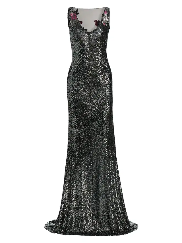 Naeem Khan Women's Floral Sequined Sleeveless Gown - Gunmetal Multi