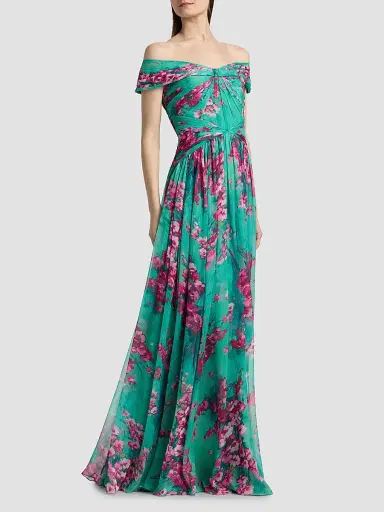 THEIA Women's Sabina Floral Chiffon Off-The-Shoulder Gown - Seafoam Sakura Mist - Size 14 | Thumbnail 4 THEIA Women's Sabina Floral Chiffon Off-The-Shoulder Gown - Seafoam Sakura Mist - Size 14 | Thumbnail 4
