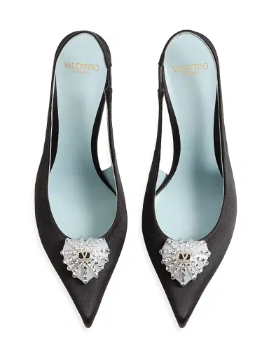 Valentino Garavani Women's Coeur Royal 100MM Satin Slingback Pumps - Black Crystal - Size 12 | Thumbnail 4