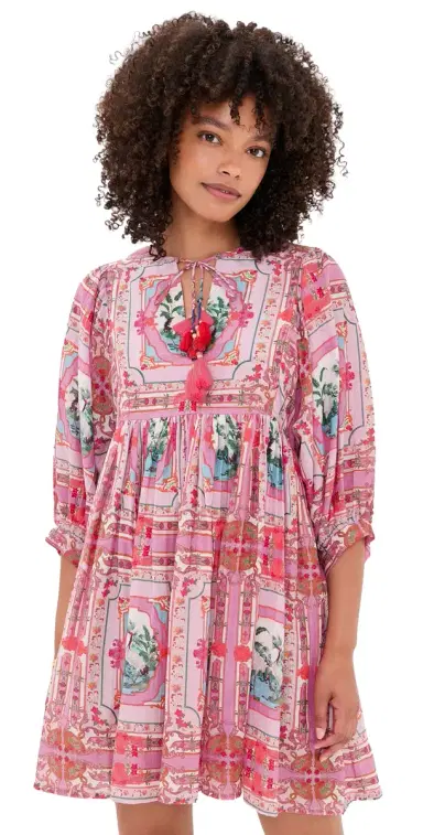 Bell ylvie Mini Tunic Dress Pink Bird Print | Thumbnail 1