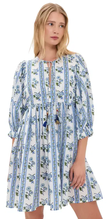 Bell ylvie Mini Cotton Tunic Dress Blue Floral tripe | Thumbnail 1 Bell ylvie Mini Cotton Tunic Dress Blue Floral tripe | Thumbnail 1