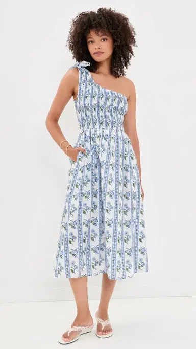 Bell Bowie Cotton Midi Dress Blue Floral Stripe | Thumbnail 2 Bell Bowie Cotton Midi Dress Blue Floral Stripe | Thumbnail 2