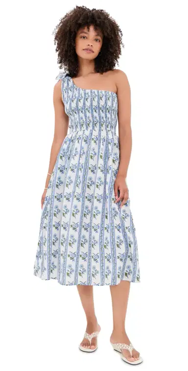Bell Bowie Cotton Midi Dress Blue Floral Stripe | Thumbnail 1 Bell Bowie Cotton Midi Dress Blue Floral Stripe | Thumbnail 1