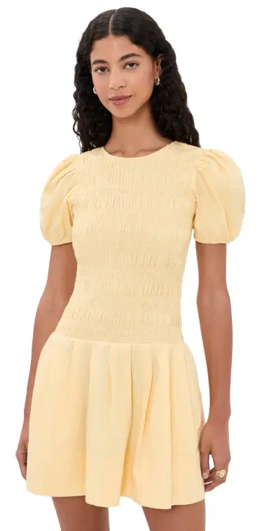 Ganni Cotton Mini Smocked Pleated Dress | Thumbnail 1