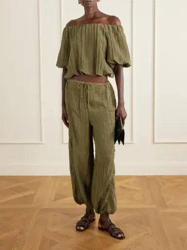 Simkhai Anni Cropped Gathered Crepon Blouse | Thumbnail 2 Simkhai Anni Cropped Gathered Crepon Blouse | Thumbnail 2