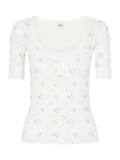 Chloé Floral-print Waffle-knit Cotton-jersey T-shirt | Thumbnail 1 Chloé Floral-print Waffle-knit Cotton-jersey T-shirt | Thumbnail 1