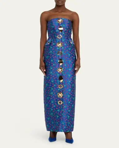 Harbison Quanta Floral Brocade Strapless Buttoned Gown | Thumbnail 2