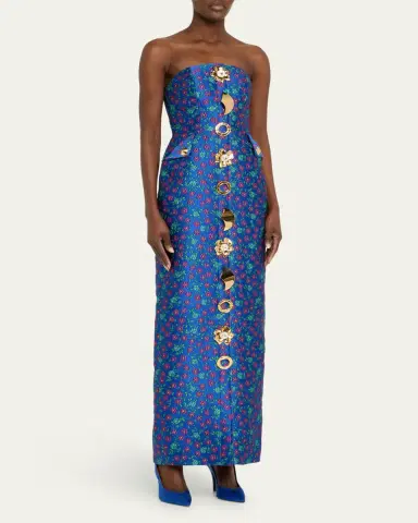 Harbison Quanta Floral Brocade Strapless Buttoned Gown | Thumbnail 4
