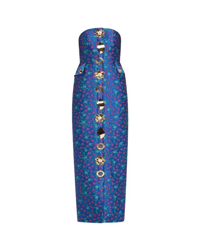 Harbison Quanta Floral Brocade Strapless Buttoned Gown